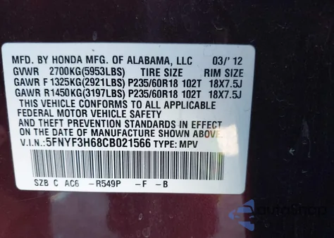 2012 Honda Pilot Ex-L z USA, uszkodzony, nr VIN 5FNYF3H68CB021566